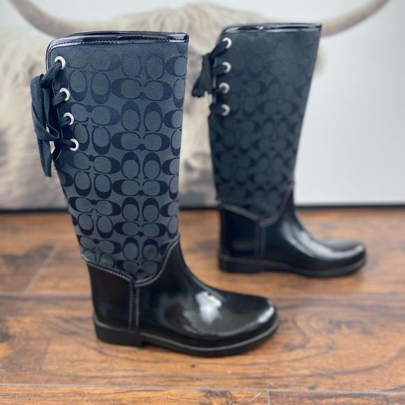 Coach Shoes - COACH Trustee Black Rubber Lace Up Knee High Rain Boots